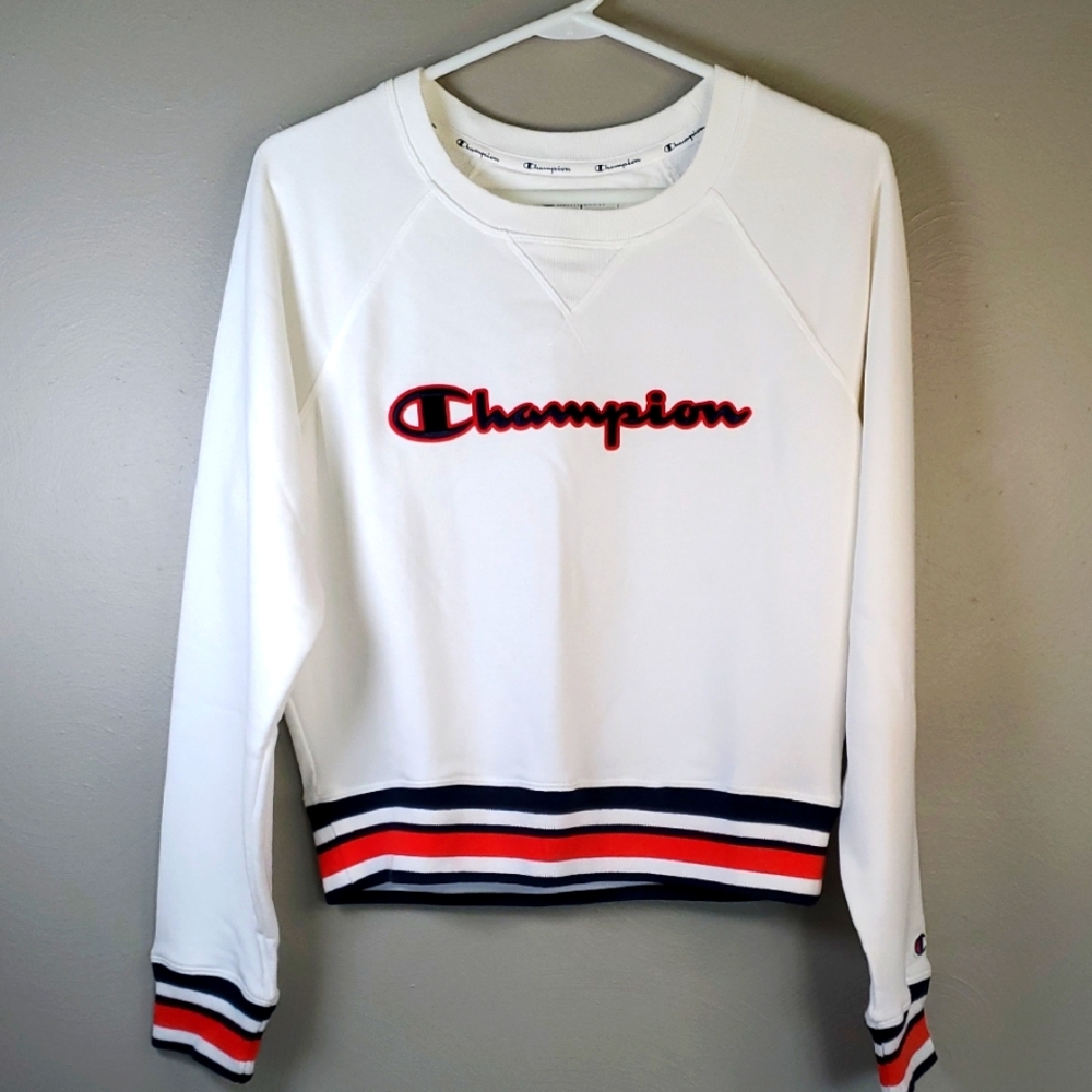 Champion Womens Ivory Sweatshirt with Striped Hem & Cuffs. Size Small